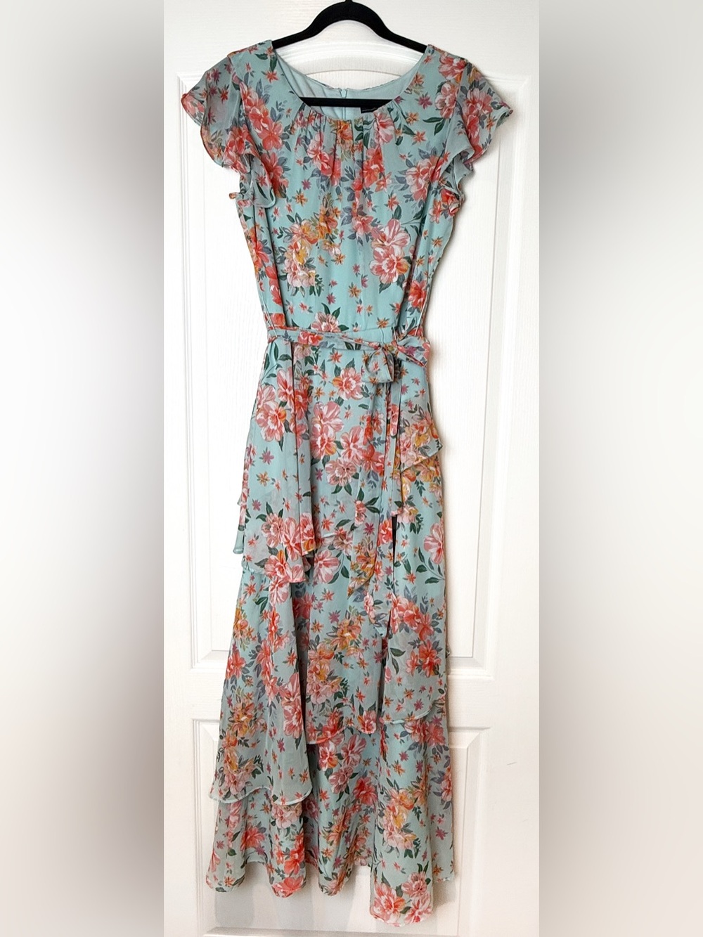 Woman’s Formal Floral Ruffle Chiffon Dress -   Teal & Coral Flowers